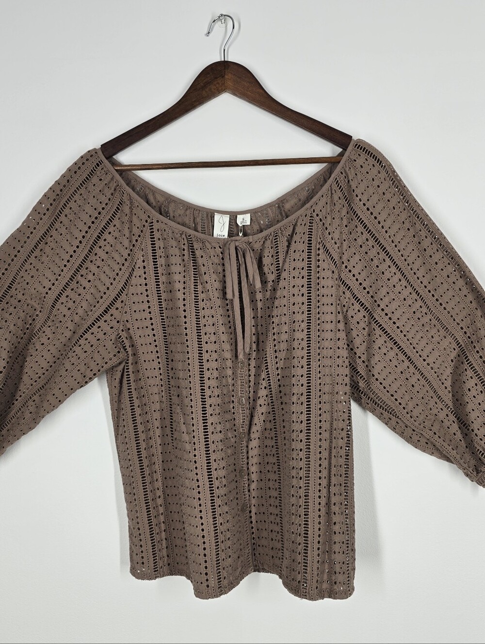 Joie Eyelet Embroidered Peasant Blouse Brown Puff Sleeve Top Size S NWT